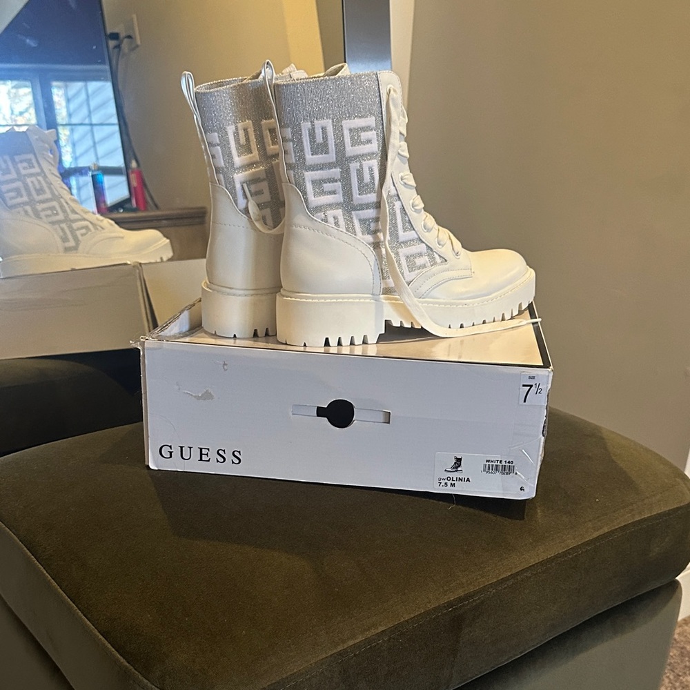 GUESS Women's White and Gray Combat Boots